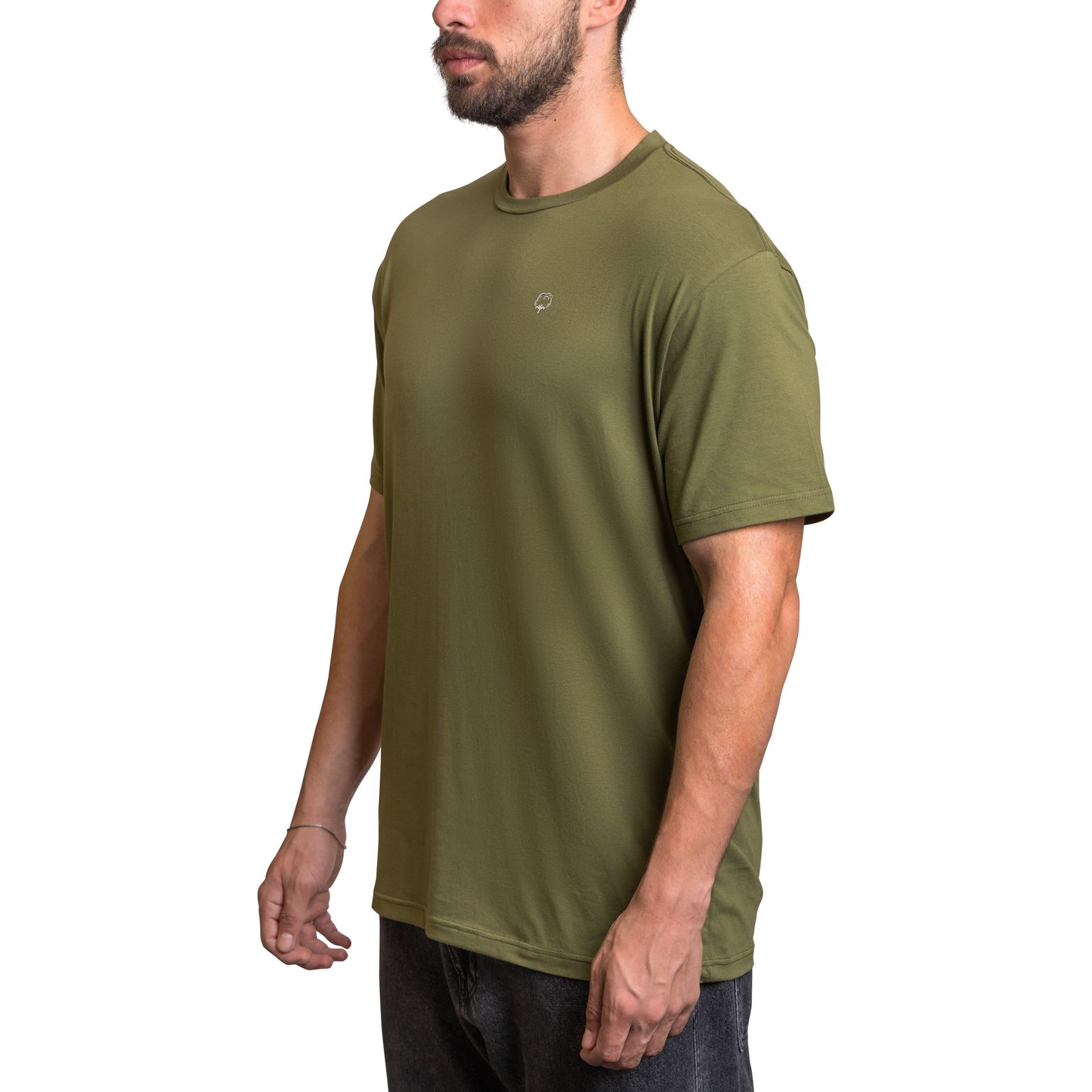 Men cotton olive green short sleeve crew neck t-shirt on a model angel view - Fashion Category