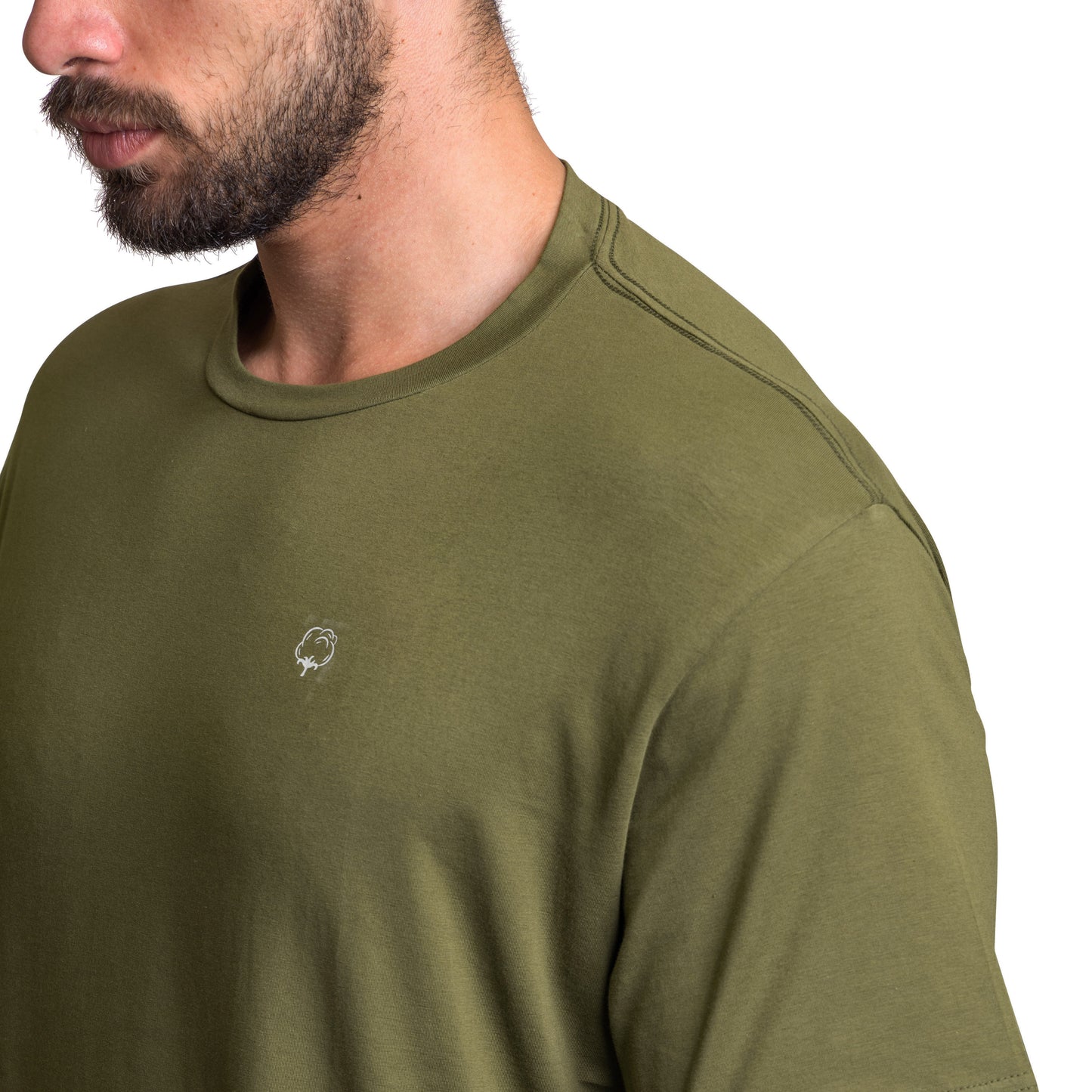 Men cotton olive green short sleeve crew neck t-shirt on a model close angel view - Fashion Category