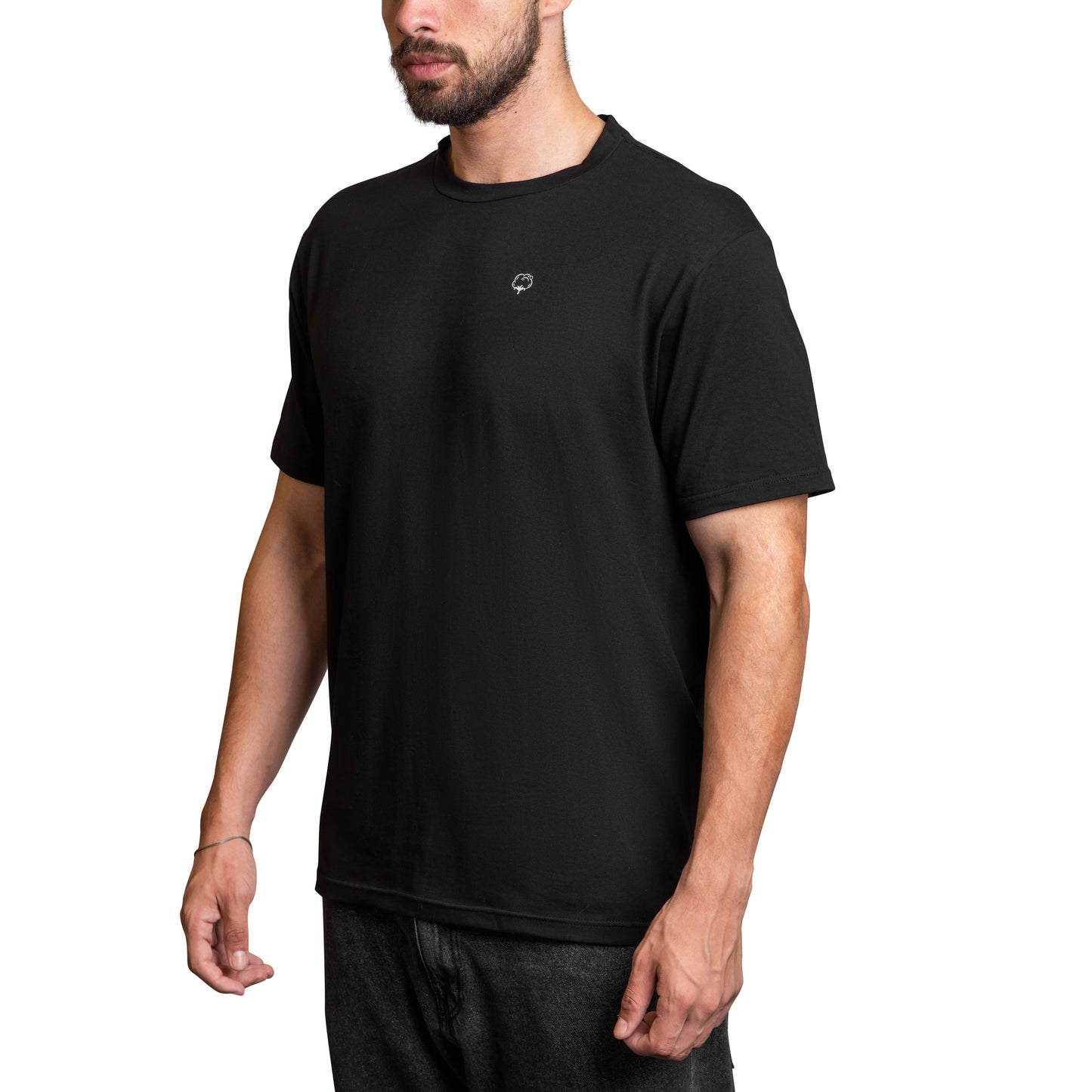 Men cotton black short sleeve crew neck t-shirt on a model angel view - Fashion Category