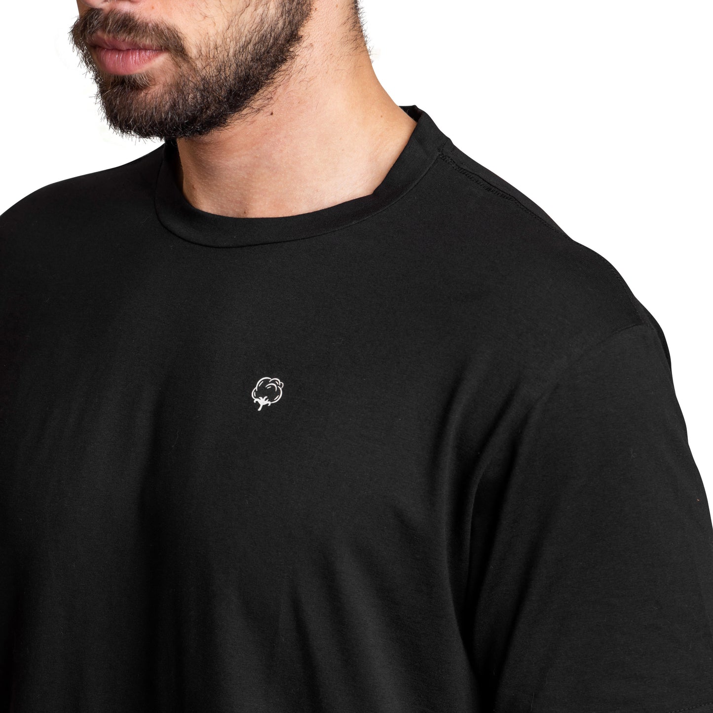 Men cotton black short sleeve crew neck t-shirt on a model close angel view - Fashion Category